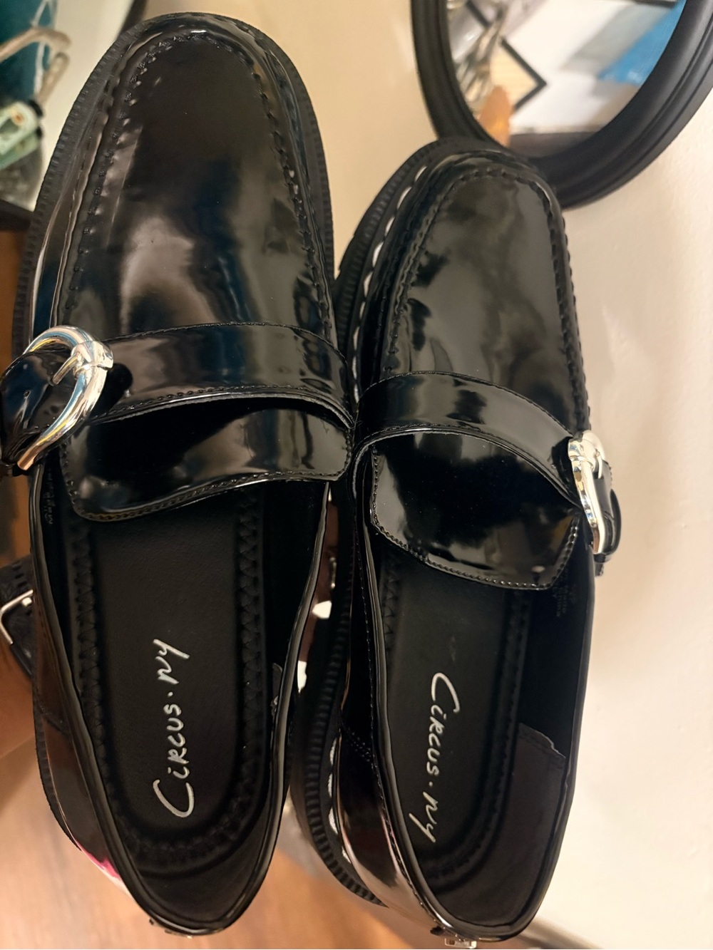 Circus by Sam Edelman Black Patent Slip-On Loafers with Silver Buckle